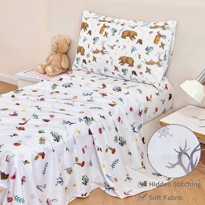 PERFEMET 4-Piece Toddler Bedding Set-Reversible Woodland Animal Toddler Bed Sets for Boys Girls-Soft Lightweight Cartoon Bear Deer Print Toddler Bed Comforter with Sheets for All Season - Image 4